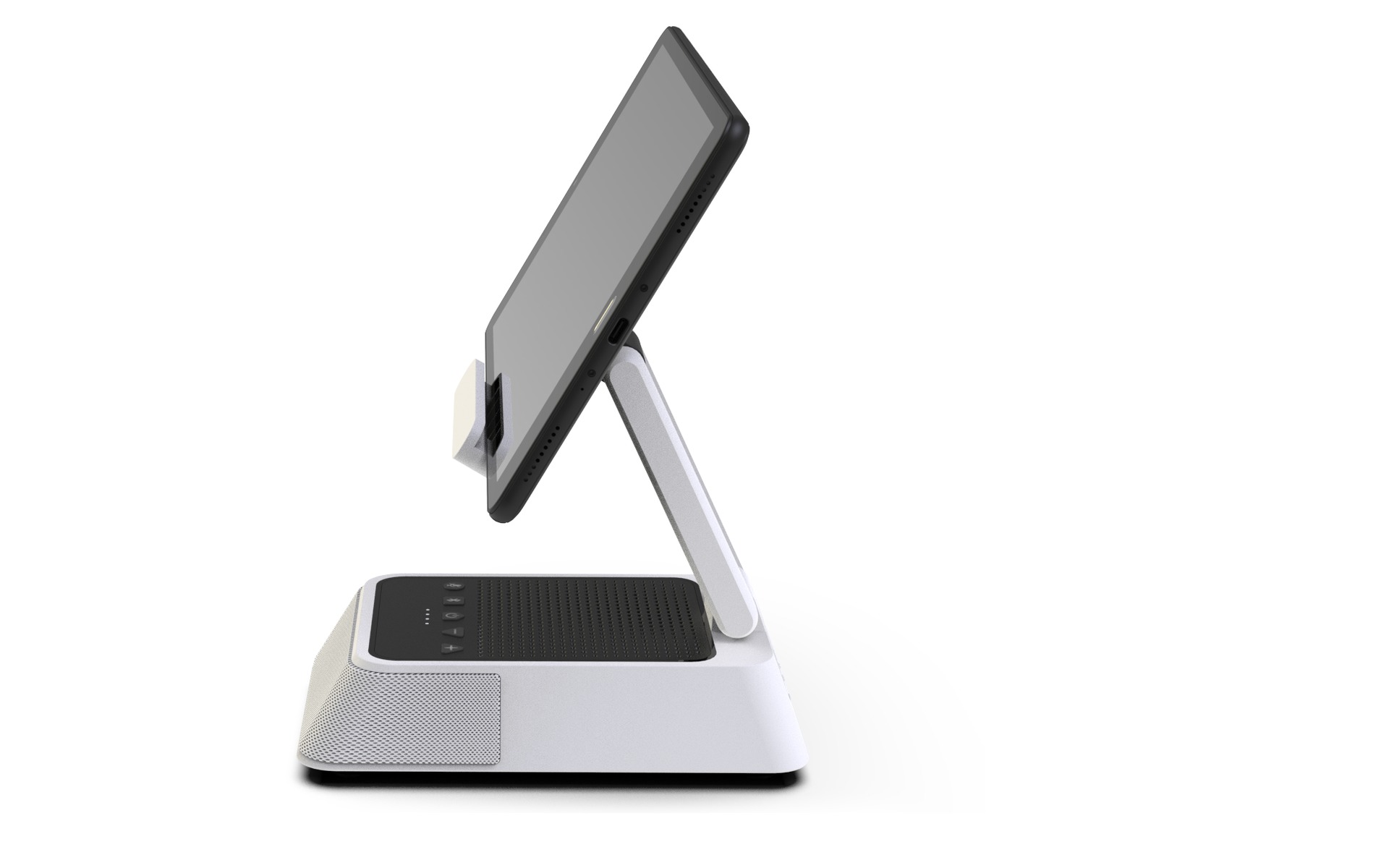 Remote patient experience dock holding a tablet on a tilting arm above a weighted base