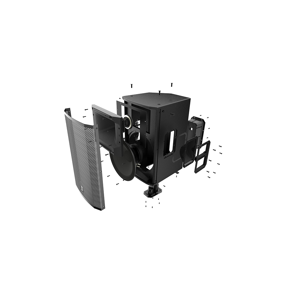 Exploded view of a loudspeaker enclosure showing grille, driver, cabinet and hardware