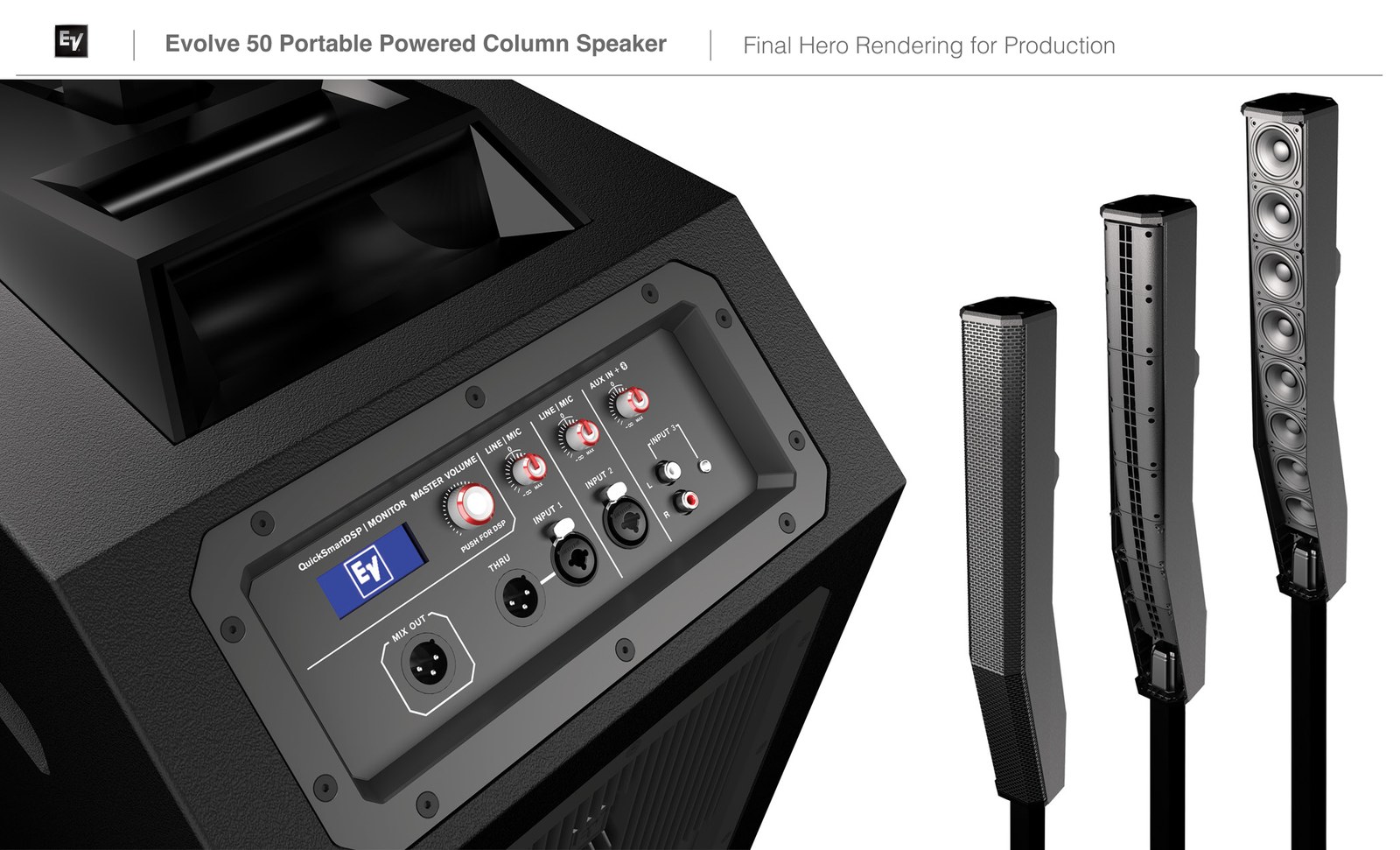 Final hero rendering of a portable powered column speaker showing the input panel