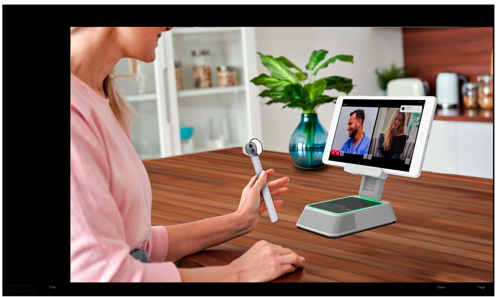 Patient using the dock for a remote video visit while taking a measurement