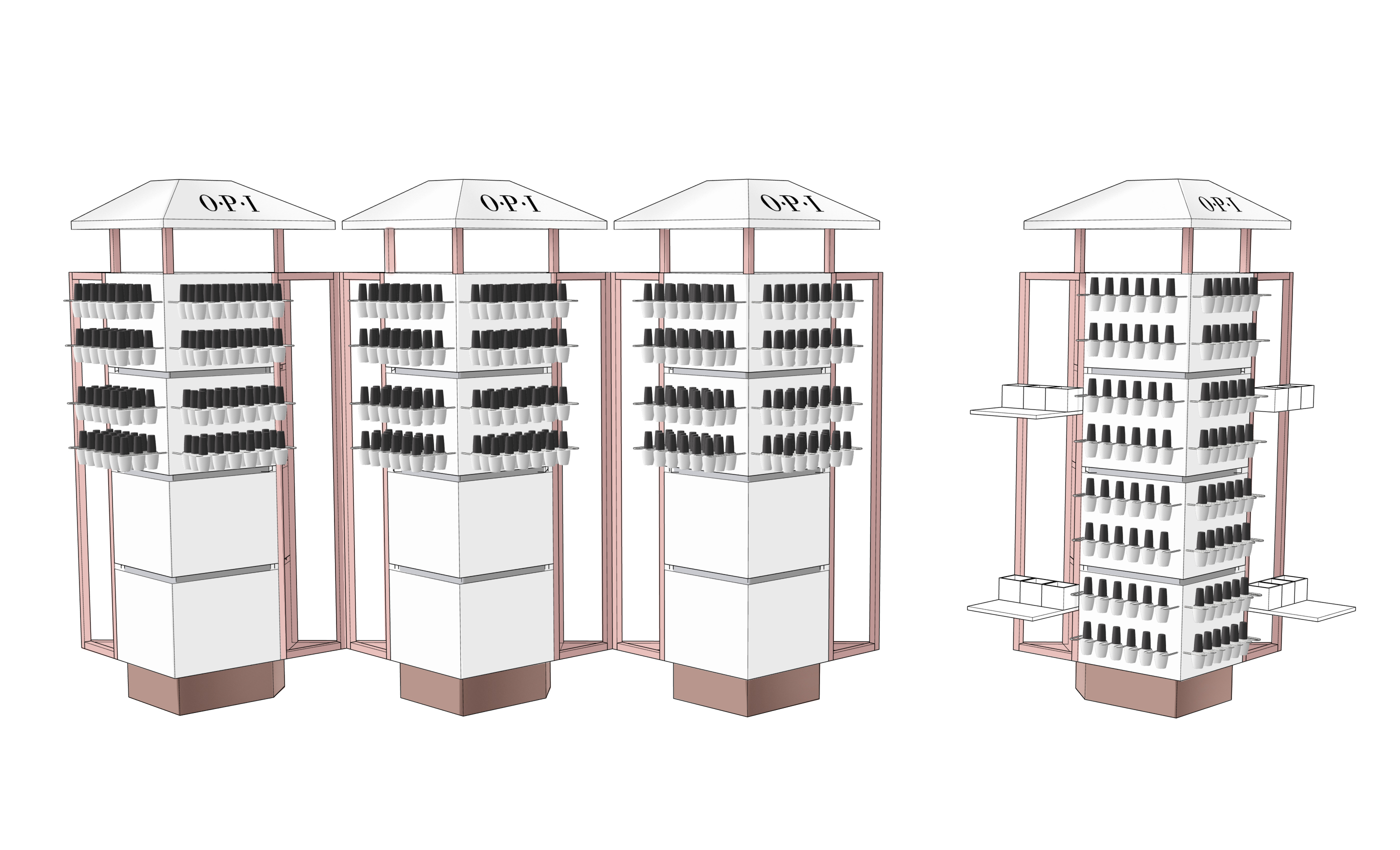 Modular OPI beauty tower system shown in multiple retail configurations