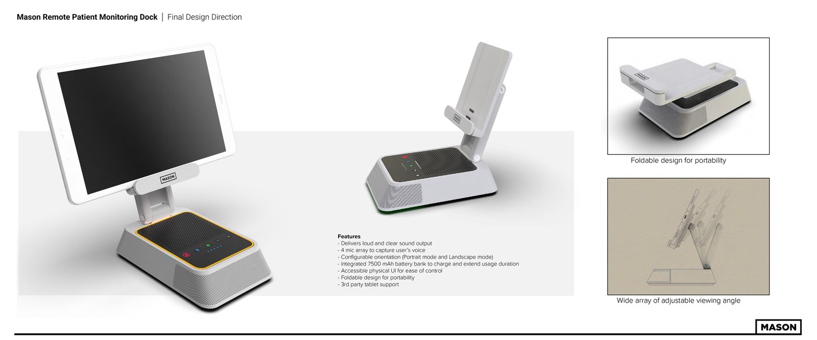 Final design direction board showing foldable dock and adjustable viewing angle