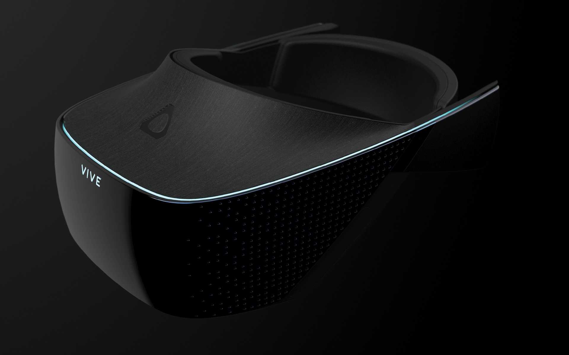 Virtual reality head-mounted display with perforated visor and illuminated edge on a black background