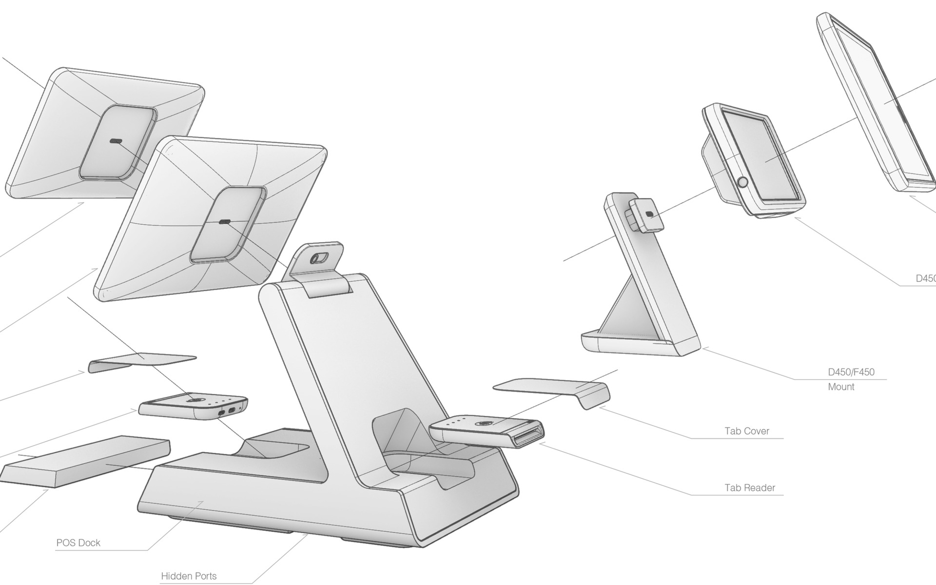 Technical exploded view of a modular mobile point-of-sale dock system with tablet, tap reader and stand