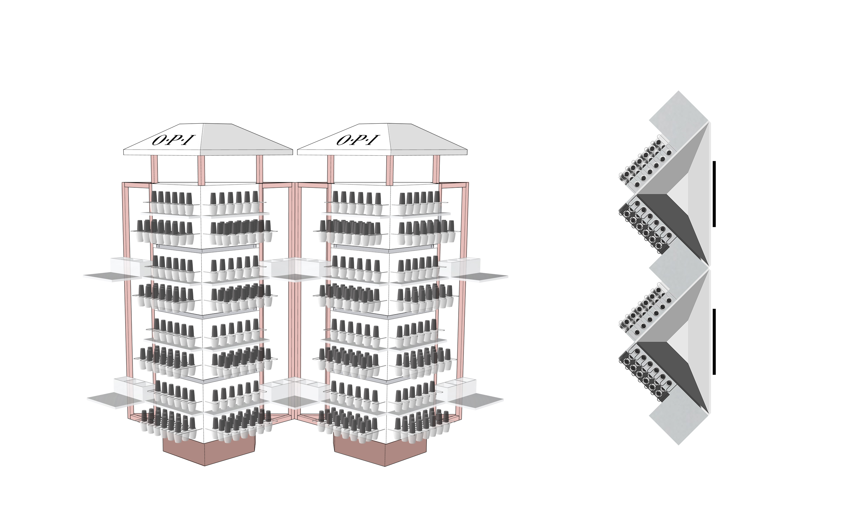 Dual OPI beauty tower concept with nail-color displays and test counter