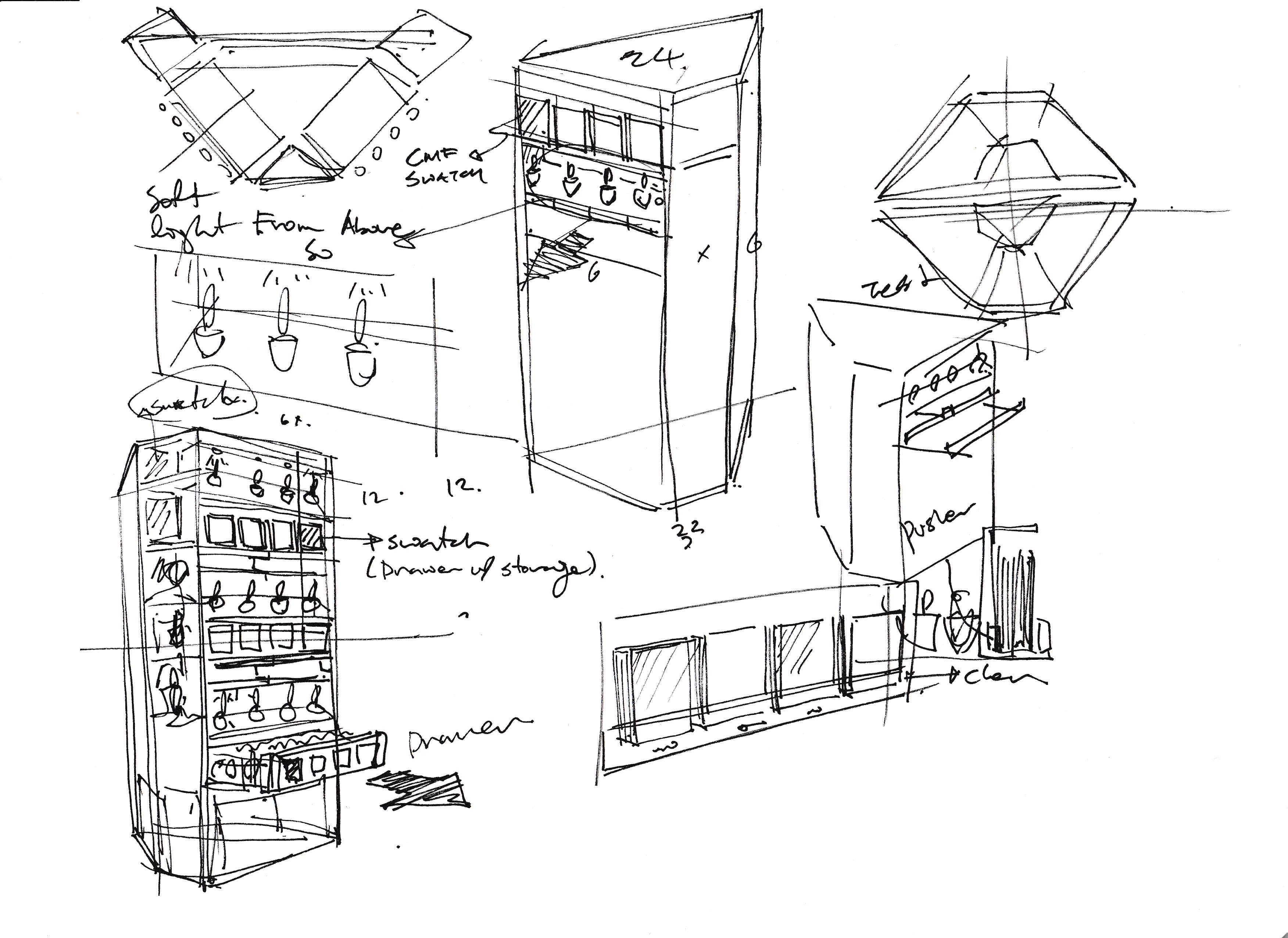 Development sketches for beauty carts, displays, and service stations