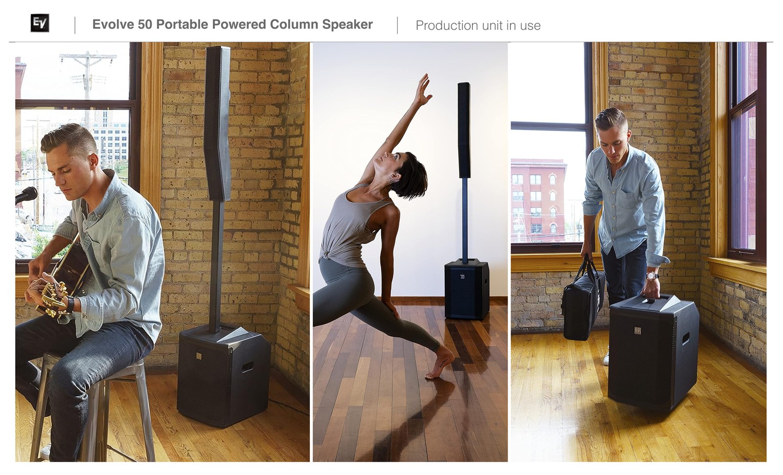 Musicians using the portable powered column speaker in performance settings