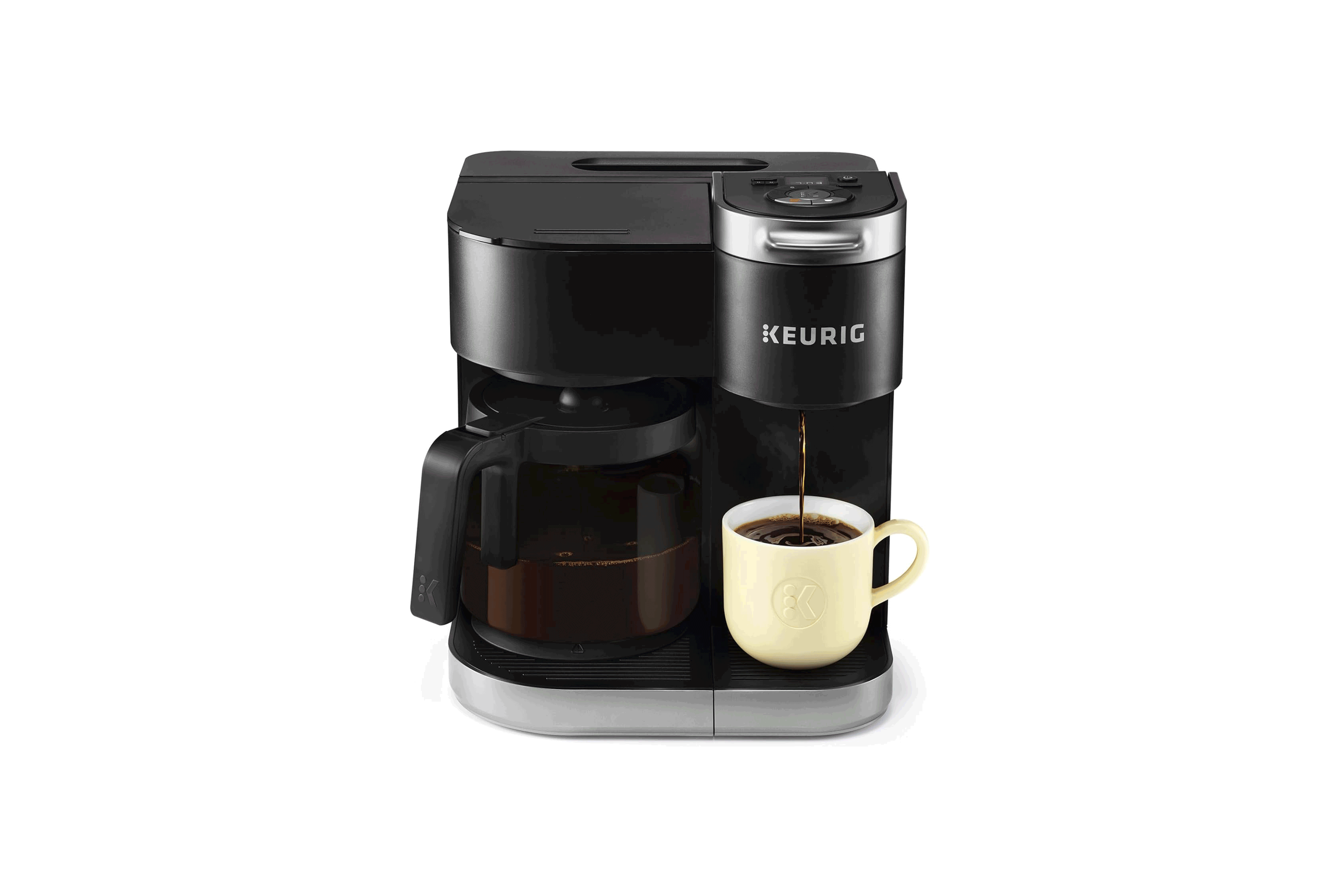 Dual-brew coffee maker with carafe and single-serve pour, product render