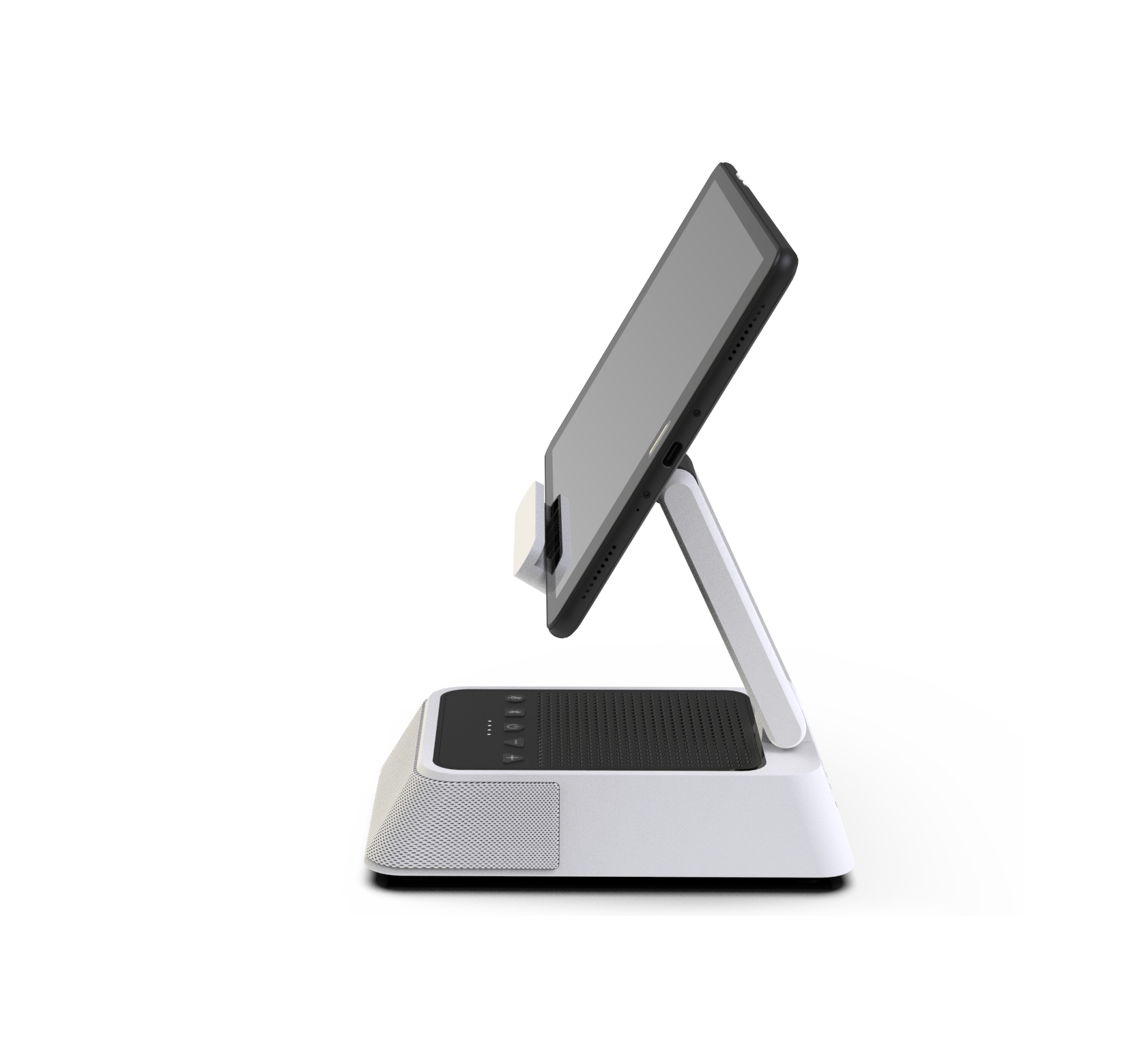 Point-of-sale tablet dock with speaker base, side profile render