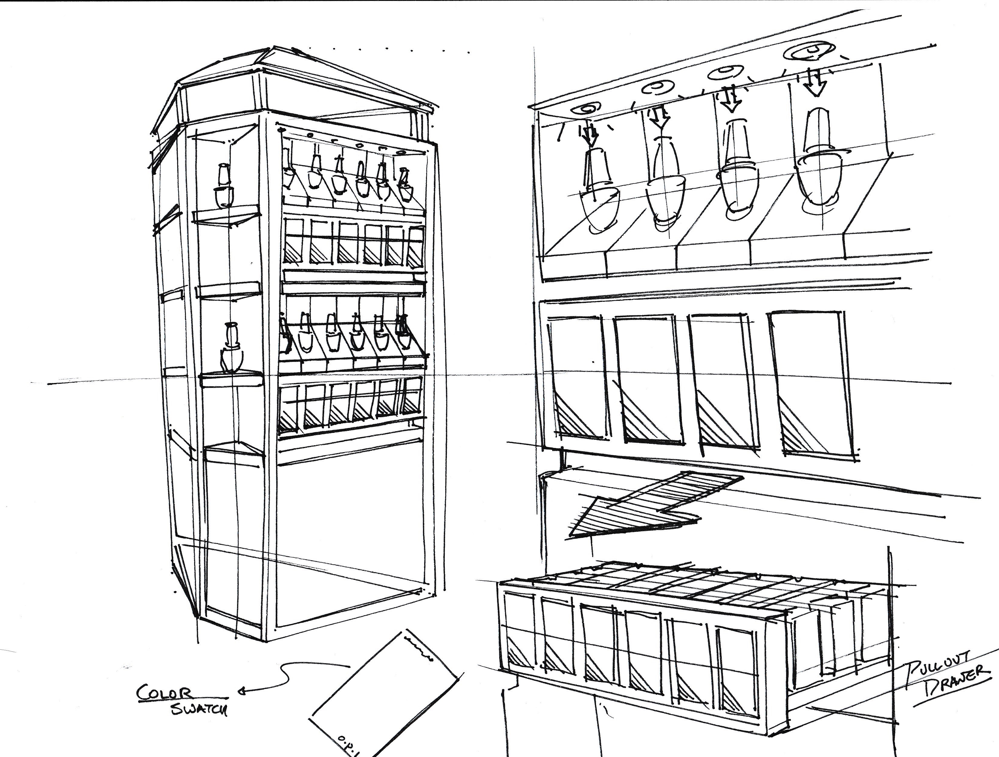 Concept sketches exploring modular beauty display towers and customer interaction