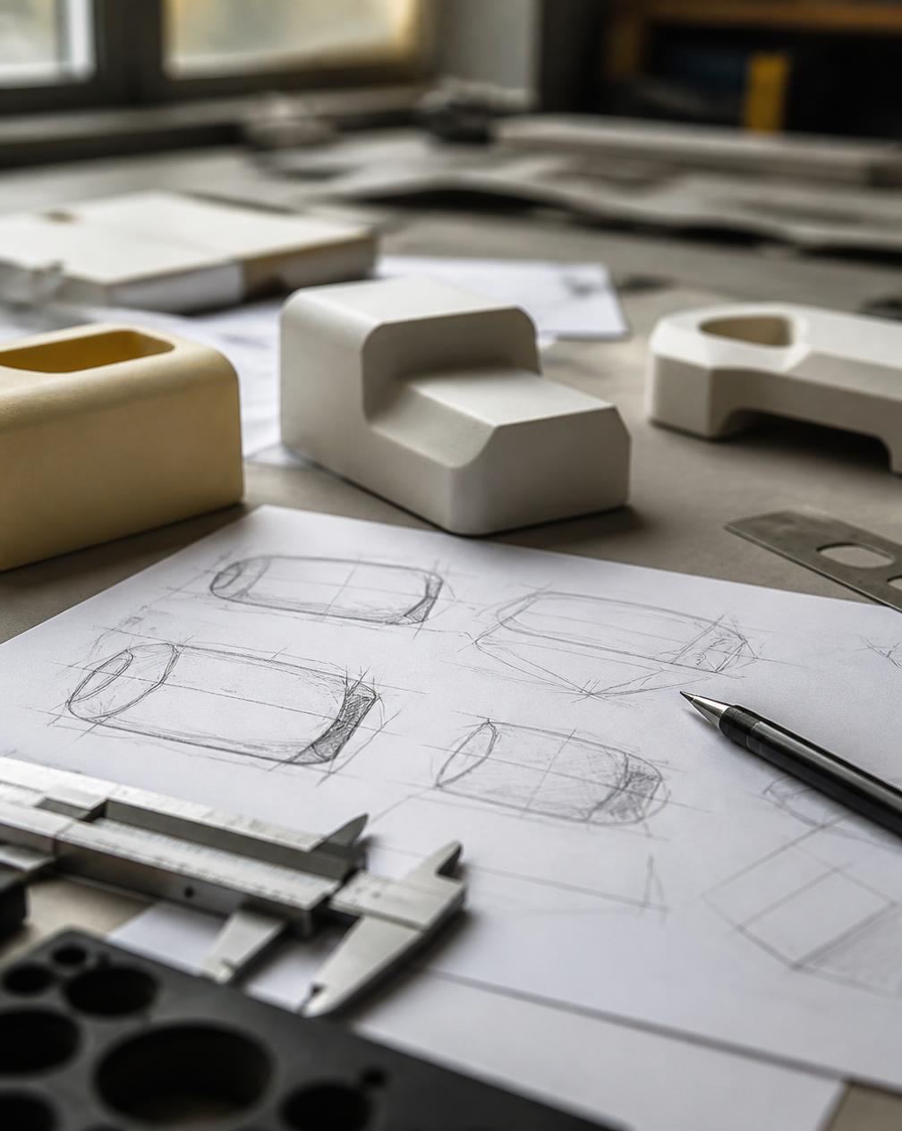 Industrial design studio workbench with foam models, sketches, and calipers